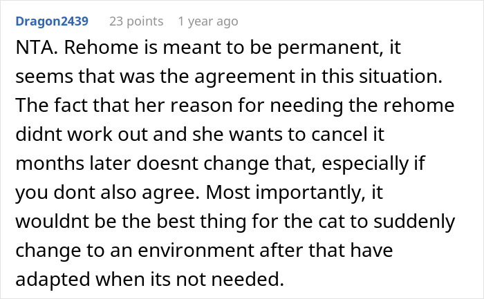 Reddit comment discussing permanent cat rehoming and challenge of reversing the decision. Reddit comment discussing permanent cat rehoming and challenge of reversing the decision.