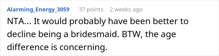 Reddit comment discussing bridesmaid dress alteration, mentioning concerns about age difference.