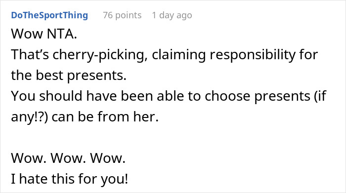 Screenshot of a comment about a woman upset with her MIL over gift-tagging.