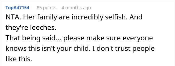 Reddit comment discussing teen's refusal to raise non-biological baby, questioning family dynamics.