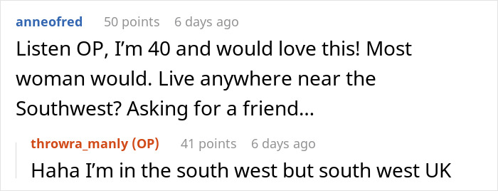 Reddit thread about a 40-year-old expressing interest in someone from Southwest UK baking and liking Taylor Swift. Reddit thread about a 40-year-old expressing interest in someone from Southwest UK baking and liking Taylor Swift.