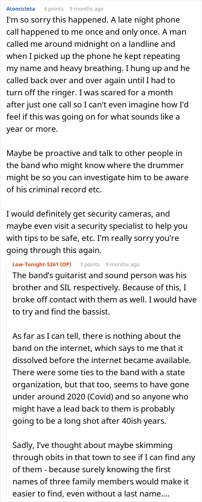 Text exchange discussing a woman's past stalker, advice on security measures, and efforts to locate old band members.