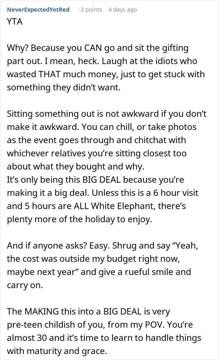 Text debate on skipping family Xmas party due to White Elephant gift cost. Text debate on skipping family Xmas party due to White Elephant gift cost.