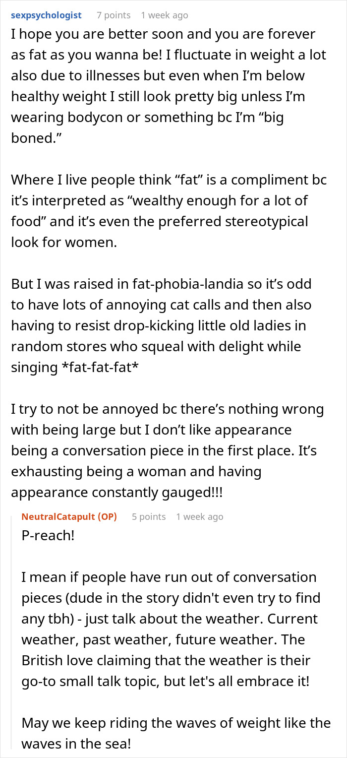 Reddit thread discussing experiences and perspectives on fat-shaming and weight perception. Reddit thread discussing experiences and perspectives on fat-shaming and weight perception.