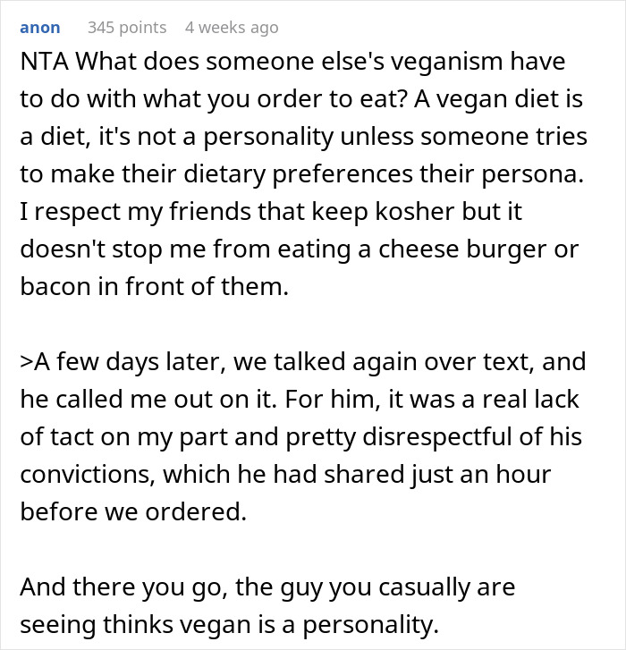Text from Reddit discussing vegan dietary preferences and tact in social situations.