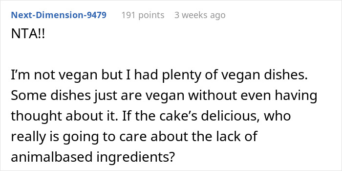 "Reddit comment debating vegan cake choice at wedding, questioning need for labeling if delicious.