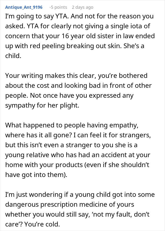 Reddit comment criticizing someone for lacking empathy after teen suffers chemical burns from SIL's products. Reddit comment criticizing someone for lacking empathy after teen suffers chemical burns from SIL's products.