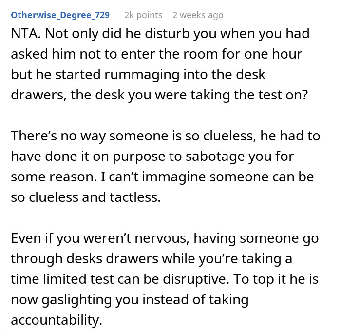 Screenshot of a Reddit comment criticizing a husband's interruption during a woman's job test.