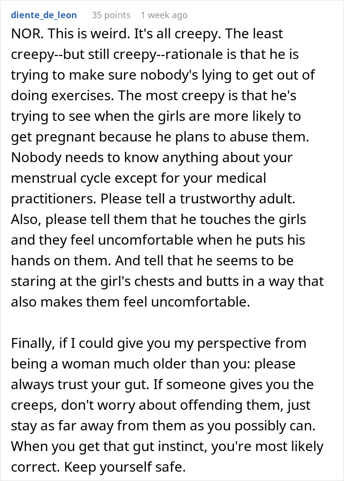 Text discussing concerns about teacher behavior related to periods. Text discussing concerns about teacher behavior related to periods.