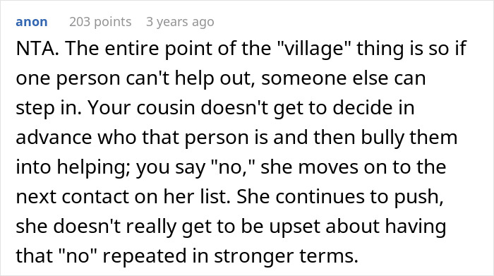 Text comment on family dynamics and misuse of "village" for babysitting.