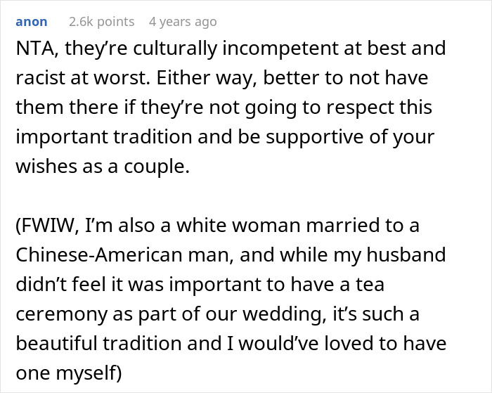 Text discussing banning parents from wedding for mocking fiancé's tradition. Text discussing banning parents from wedding for mocking fiancé's tradition.