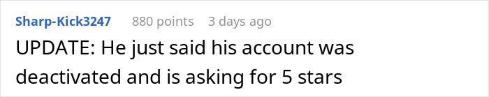 Reddit comment about DD driver saying his account was deactivated, asking for 5 stars.