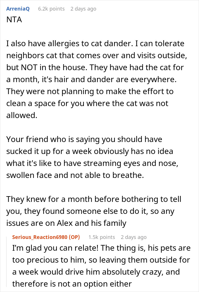 Screenshot of a Reddit comment discussing allergies related to cat dander and pet care.