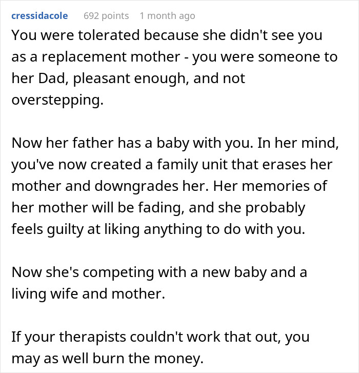 Reddit comment discussing stepdaughter's hostile behavior towards new family dynamics with a baby. Reddit comment discussing stepdaughter's hostile behavior towards new family dynamics with a baby.