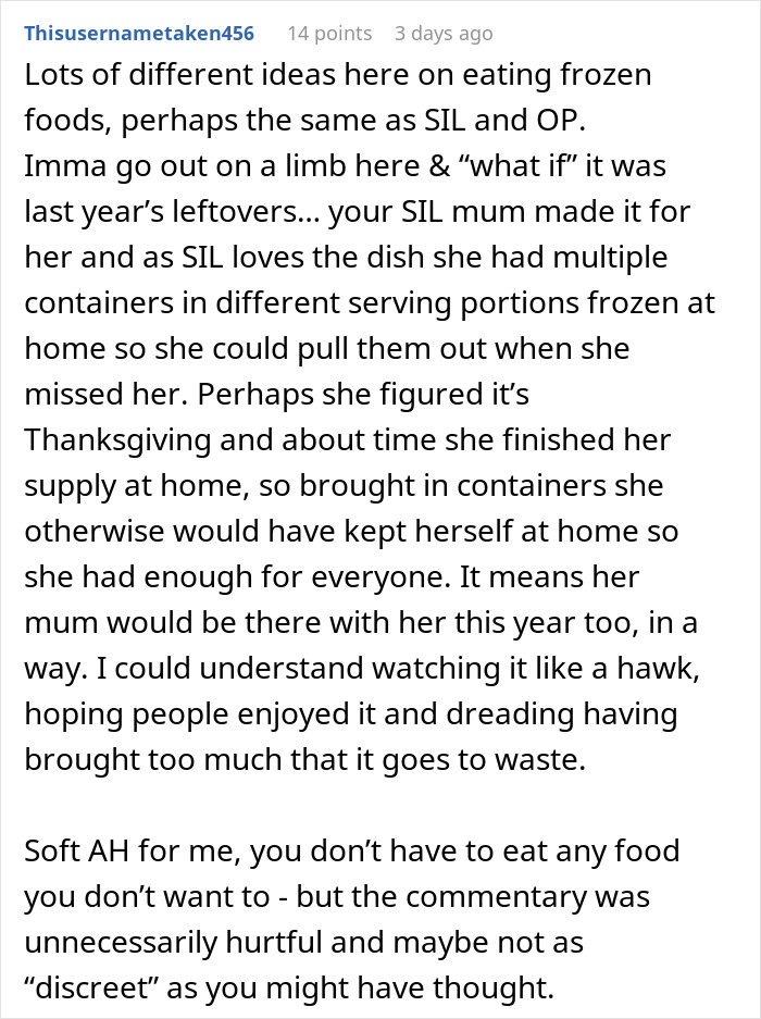 Reddit post discussing Thanksgiving dish suspected as last year&rsquo;s leftovers. Conversation on frozen foods and etiquette.