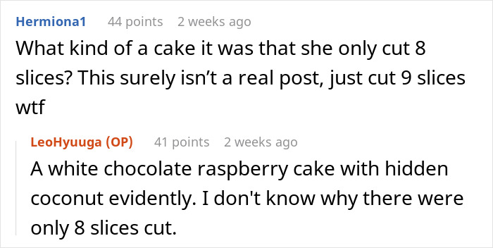 Screenshot of a humorous exchange discussing a cake-cutting dilemma at a friend&rsquo;s birthday party.