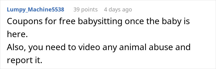 Comment discussing babysitting coupons and videoing animal abuse. Comment discussing babysitting coupons and videoing animal abuse.