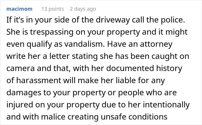 Text about a neighbor causing issues with water and freezing temperatures, suggesting legal action.