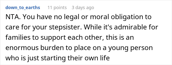 Reddit user's comment discussing responsibilities for caring for a disabled stepsister.