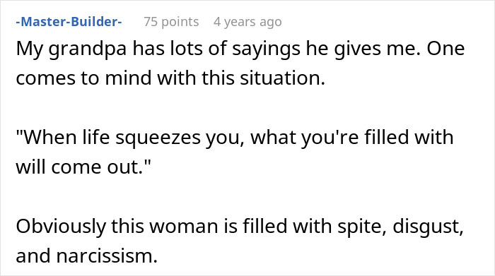 Text post discussing a grandpa's saying about being filled with spite, disgust, and narcissism.