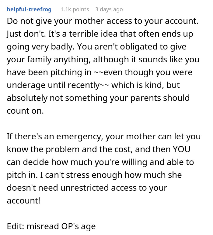 Text advice on giving a mother access in a money-related family emergency situation. Text advice on giving a mother access in a money-related family emergency situation.