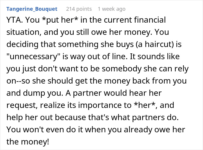 Reddit comment criticizing lack of self-awareness in financial support within a relationship. Reddit comment criticizing lack of self-awareness in financial support within a relationship.