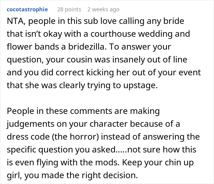 Comment discussing a bride's decision after a cousin's inappropriate wedding behavior.