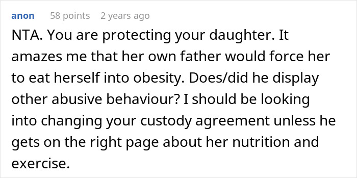 Comment discussing daughter's nutrition and ex-husband's behavior. Comment discussing daughter's nutrition and ex-husband's behavior.