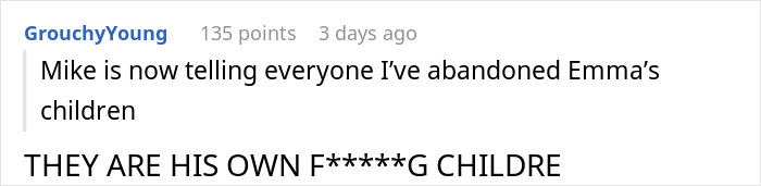 Screenshot of a Reddit comment about babysitting deceased friend's kids after husband's infidelity.