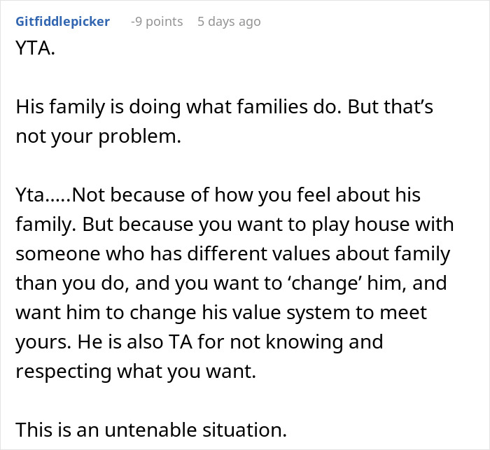 Reddit comment discussing relationship conflict over family boundaries. Reddit comment discussing relationship conflict over family boundaries.