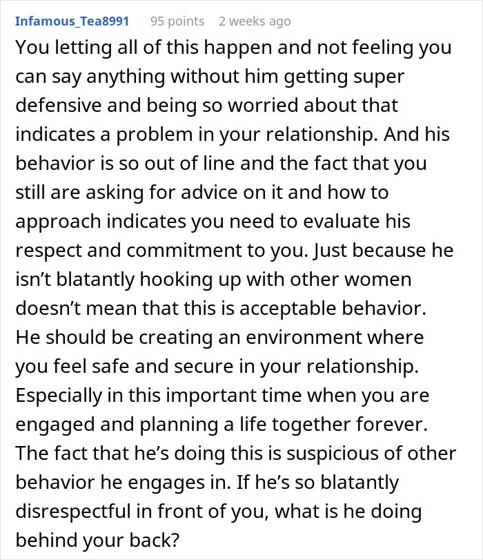 Reddit comment discussing a woman's concerns about her fianc&eacute;'s touchy behavior and relationship issues.