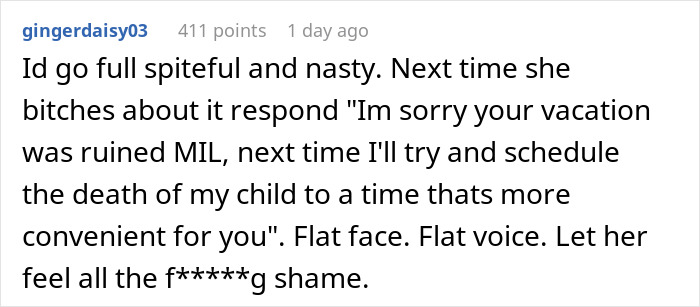 Reddit comment expressing frustration over MIL ruining vacation.