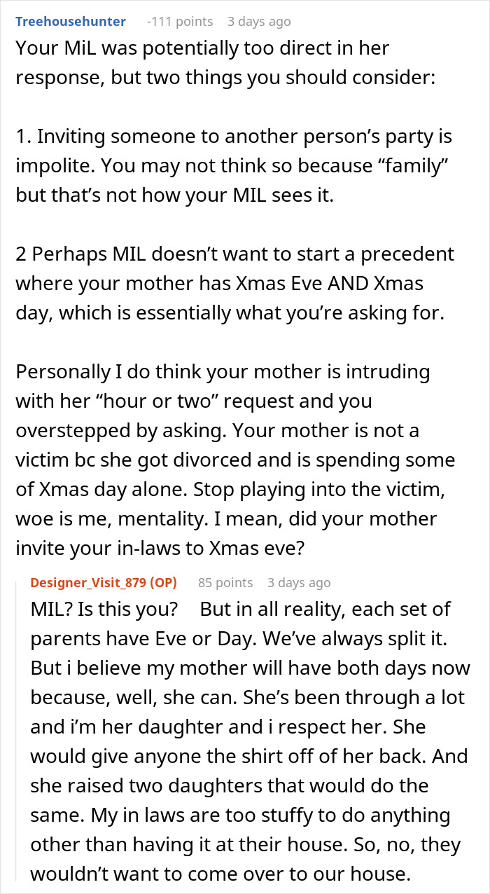 Discussion about MIL's refusal to woman's mom's Christmas request on a forum.