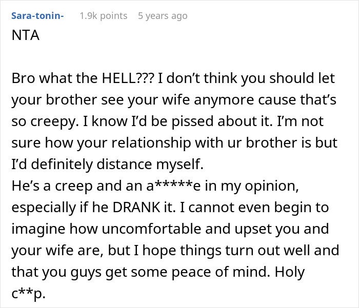 Reddit comment expressing outrage over a brother's milk swap, calling it creepy and suggesting distance. Reddit comment expressing outrage over a brother's milk swap, calling it creepy and suggesting distance.