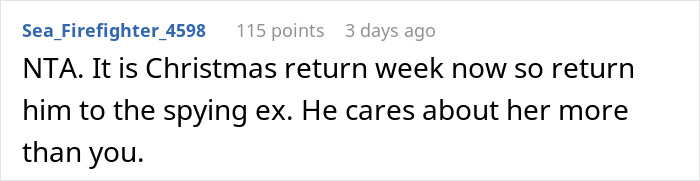 Reddit comment criticizing a spying ex-wife through a Gizmo Watch during the Christmas return week. Reddit comment criticizing a spying ex-wife through a Gizmo Watch during the Christmas return week.