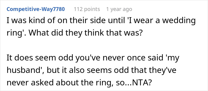Reddit comment about roommates discovering a woman's wedding ring and questioning the lack of mention of her husband. Reddit comment about roommates discovering a woman's wedding ring and questioning the lack of mention of her husband.