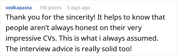 Comment highlighting honesty issues on CVs and interview advice, related to background check revelations.