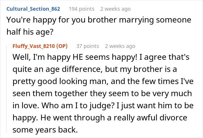 Reddit conversation about brother marrying a younger woman, focusing on personal happiness.
