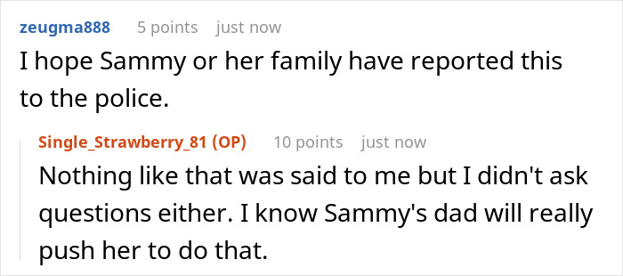 Reddit conversation discussing reporting to the police, with mentions of Sammy and her family.