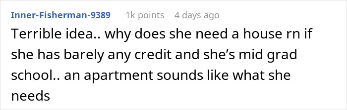 Comment discussing financial responsibility during grad school.
