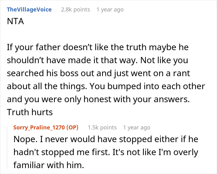 Reddit comments discussing a father being confronted with the truth about his parenting.