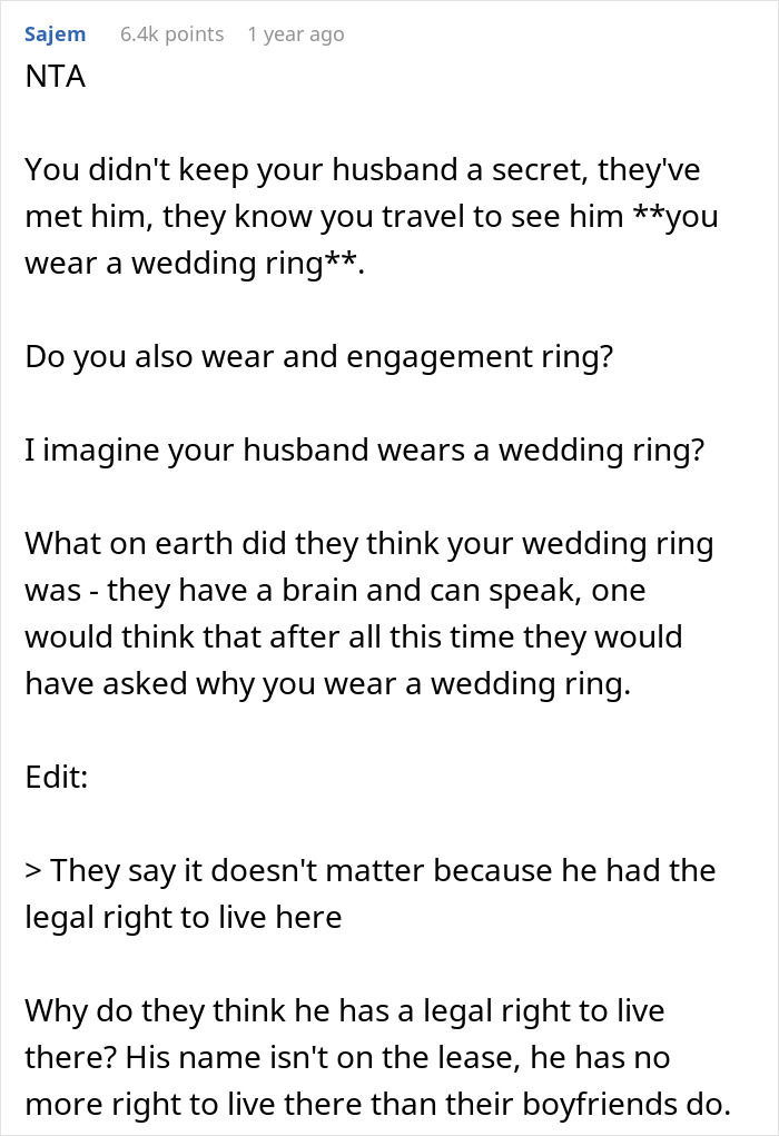 Reddit comment discussing roommates, a wedding ring, and a woman's relationship secret. Reddit comment discussing roommates, a wedding ring, and a woman's relationship secret.