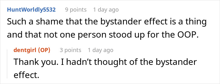 Reddit comments discussing the bystander effect in relation to a woman in a wheelchair.
