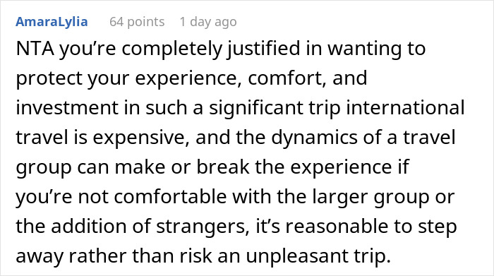 Comment discussing group dynamics and comfort in travel plans for Japan trip. Comment discussing group dynamics and comfort in travel plans for Japan trip.