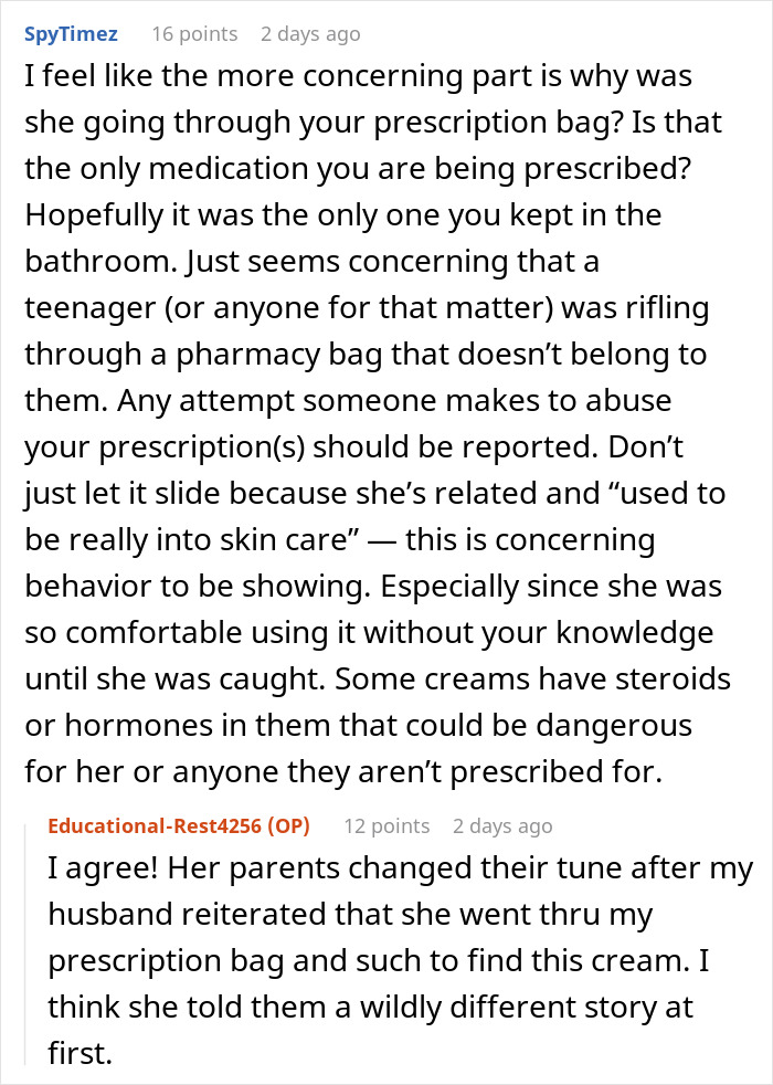 Teenager questioned about using products without permission, leading to chemical burns discussion in online post. Teenager questioned about using products without permission, leading to chemical burns discussion in online post.