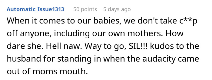 Text screenshot of a comment about refusing demands for an heirloom crib, expressing support for the parents' decision.