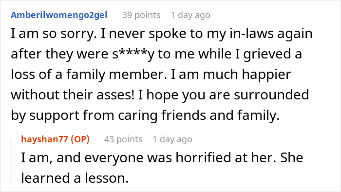 Reddit comments about in-laws' behavior after miscarriage affecting vacation.