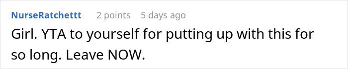 Screenshot of a comment discussing a toxic sibling relationship, urging someone to leave now. Screenshot of a comment discussing a toxic sibling relationship, urging someone to leave now.