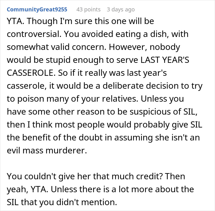 A screenshot of an online discussion about not eating suspected last year's Thanksgiving dish.