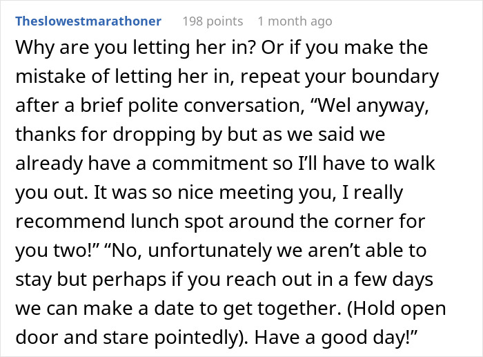 Text advice on handling strangers who arrive unannounced, emphasizing polite boundary setting. Text advice on handling strangers who arrive unannounced, emphasizing polite boundary setting.